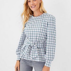 Plaid Puff Sleeve Tie Waist Sweatshirt  - Ann Taylor- size S -NWT